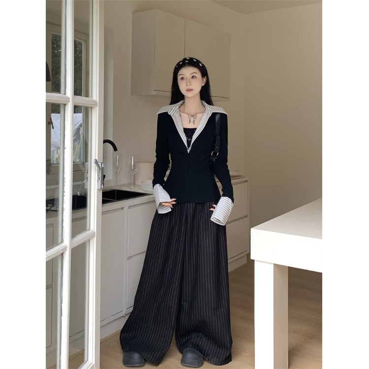 大码胖mm韩系假两件拼接衬衫领显瘦内搭长袖上衣女休闲长裤两件套