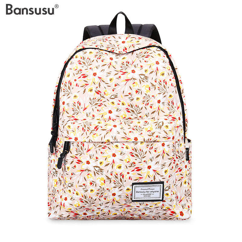 bansusu印花复古双肩包女中大学生书包旅行包小清新背包减压书包