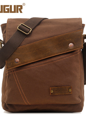 AUGUR翱格全新单肩包休闲复古翻盖帆布配疯牛皮包男士竖款斜挎包