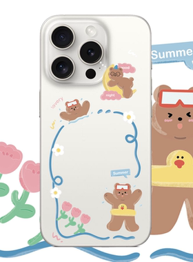原创游泳熊熊适用苹果17PROMAX情侣17可爱16PRO动漫12卡通11个性iPhone15PROMAX硅胶透明手机壳华为小米vivoo