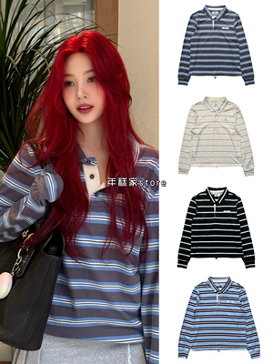 【现货】glowny朴秀荣安宥真同款复古条纹polo领长袖T恤宽松上衣