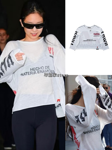 【现货】Jennie同款R*123微透字母印花宽松休闲长袖T恤女轻薄上衣