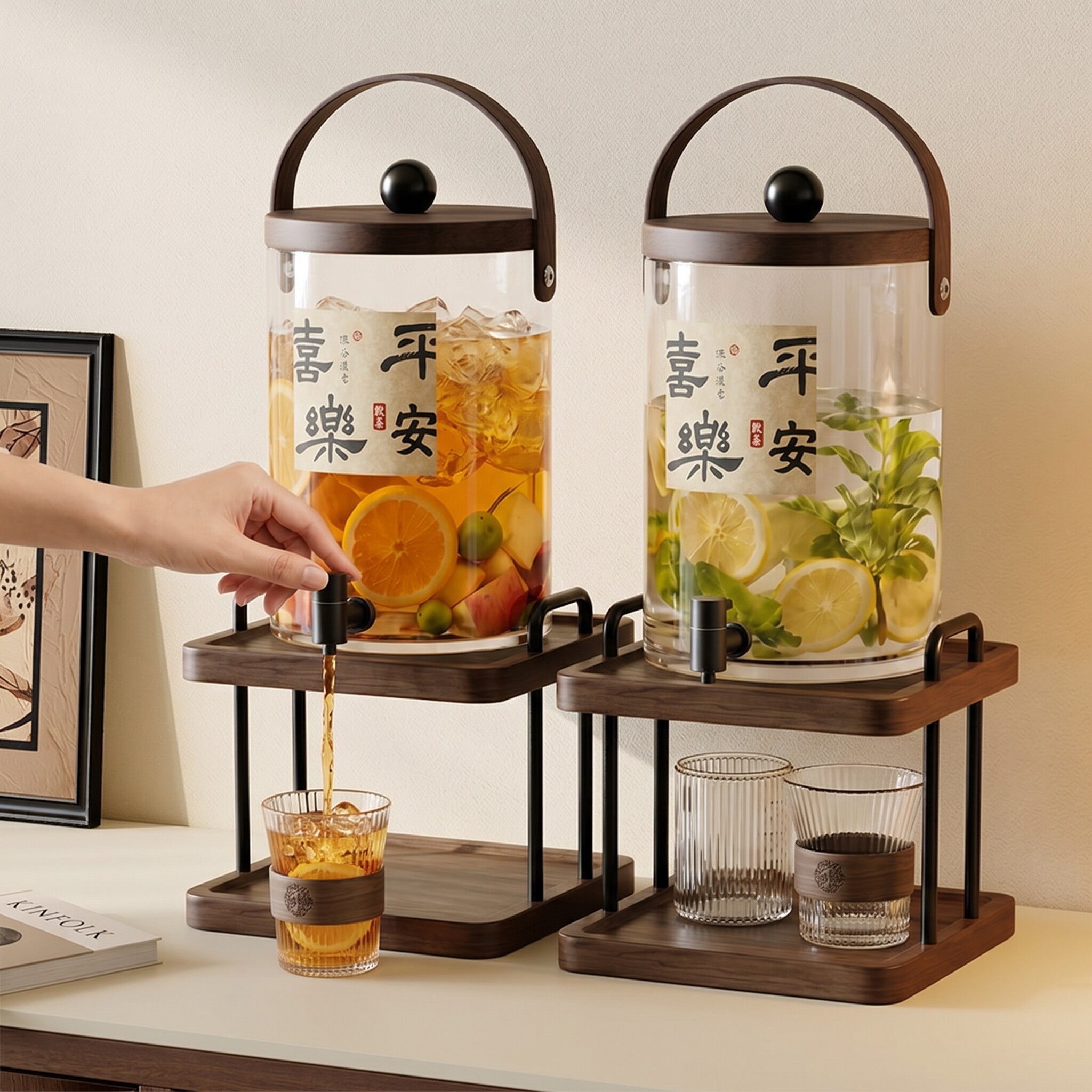 中古风玻璃带龙头饮料桶图片
