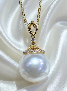 冷光澳白珍珠吊坠单颗18K金极强光正圆天然澳洲海水珍珠项链女