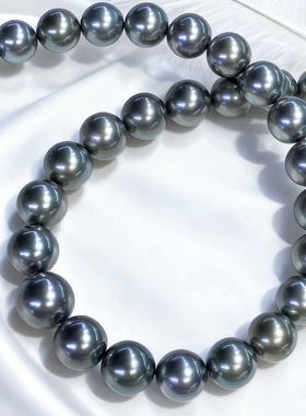 大溪地黑珍珠天然海水黑透绿项链正圆极强光串珠链颈链礼物送妈妈