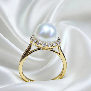 冷光澳白戒指18K金高级感锆石女白珠极强光南洋天然海水珍珠手饰