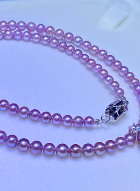 天然淡水珍珠4-4.5mm项链8-9mm吊坠正圆紫色珍珠颈链银扣女士饰品