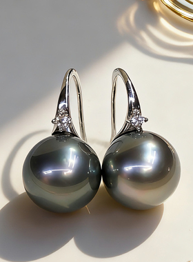 天然海水大溪地黑珍珠耳钩正圆极强光925银高跟鞋耳环轻奢耳饰女
