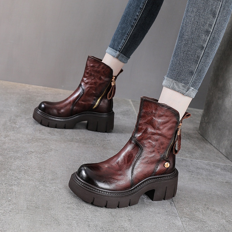 手抓纹头层牛皮复古马丁靴女秋冬季新款真皮粗跟短靴机车骑士靴子