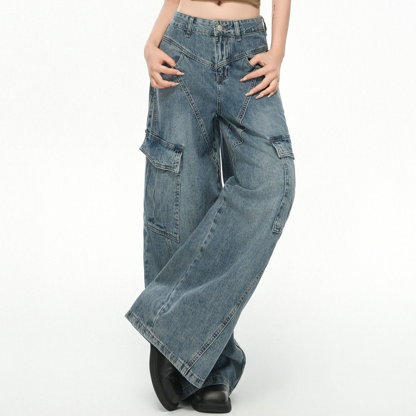 美式复古牛仔工装裤女春秋新款斜线分割设计直筒宽松阔腿拖地裤子,女装/女士精品,牛仔裤,淘宝优惠券,粉丝福利购,淘宝优惠卷