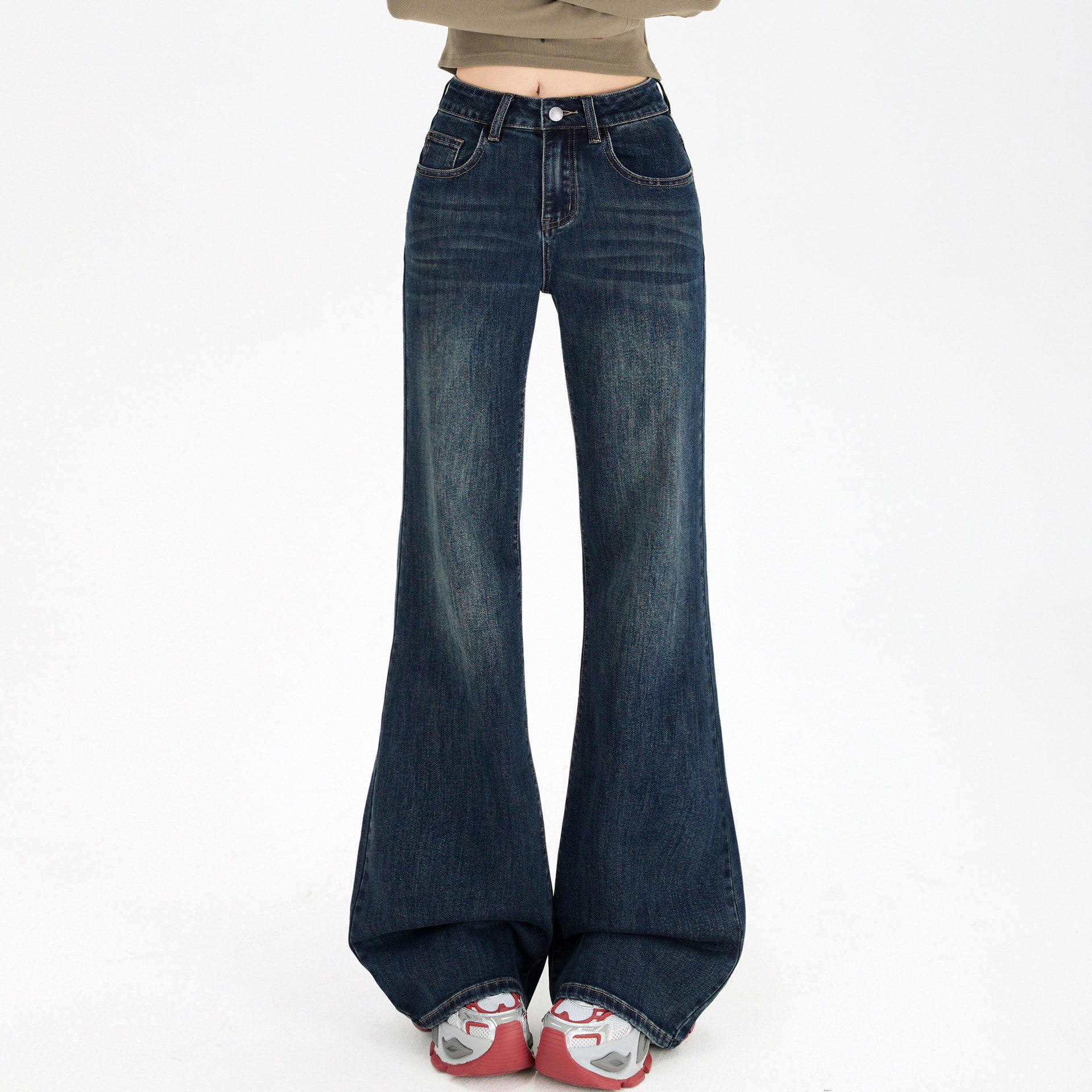 深蓝色不贴腿微喇牛仔裤女春秋梨形小个子高腰弹力显瘦宽松喇叭裤,女装/女士精品,牛仔裤,淘宝优惠券,粉丝福利购,淘宝优惠卷