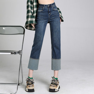 复古烟管拼接撞色宽松设计感九分小脚裤 窄版 子 直筒牛仔裤 秋冬新款