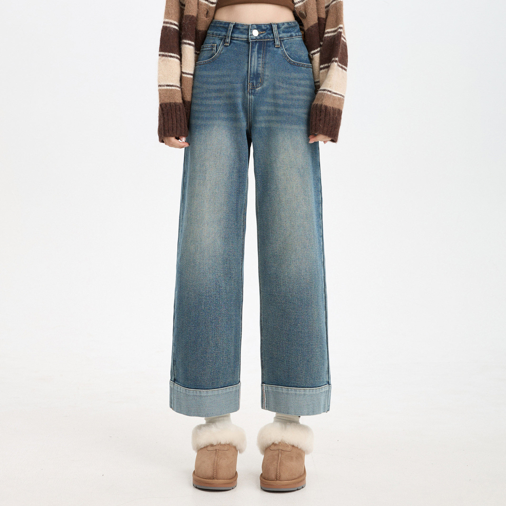 复古翻边阔腿牛仔裤女春夏新款高腰宽松显瘦小个子八分九分直筒裤,女装/女士精品,牛仔裤,淘宝优惠券,粉丝福利购,淘宝优惠卷