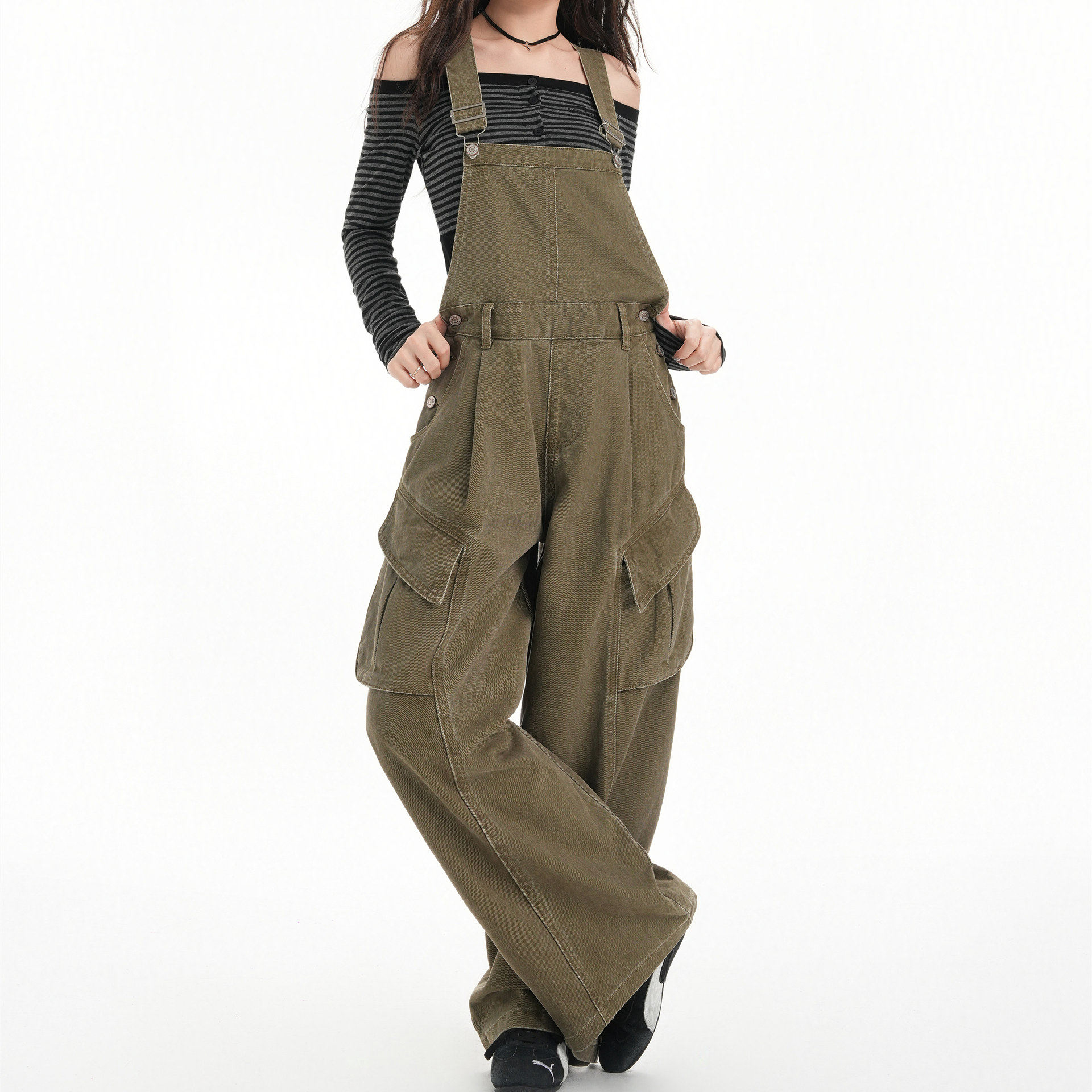 美式复古工装高腰阔腿背带牛仔裤
