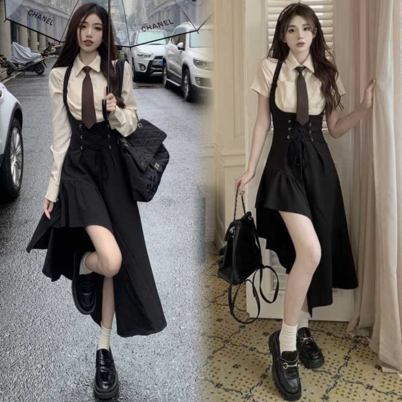 别致性感甜辣妹穿搭不规则背带挂脖连衣裙子女夏学院风JK制服套装