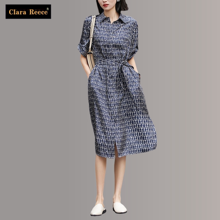 CLARA REECE重磅真丝斜纹绸衬衫裙高端桑蚕丝连衣裙碎花长裙夏季