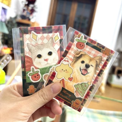 宠物圣诞猫咪狗狗鹦鹉仓鼠手绘水彩立体小卡可放手机背面冰箱贴