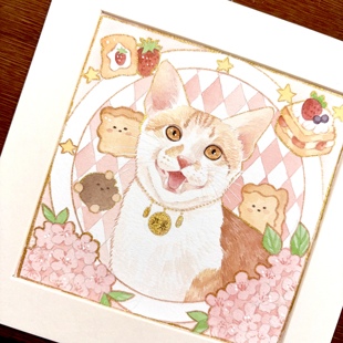 水彩穆夏风宠物画像定制动物纯手绘猫咪狗狗照片头像卡通画定制