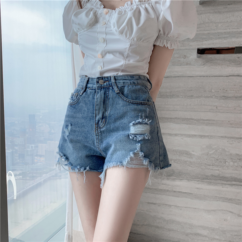 破洞牛仔短裤女夏装新款韩国chic大码胖mm高腰阔腿显瘦a字热裤子
