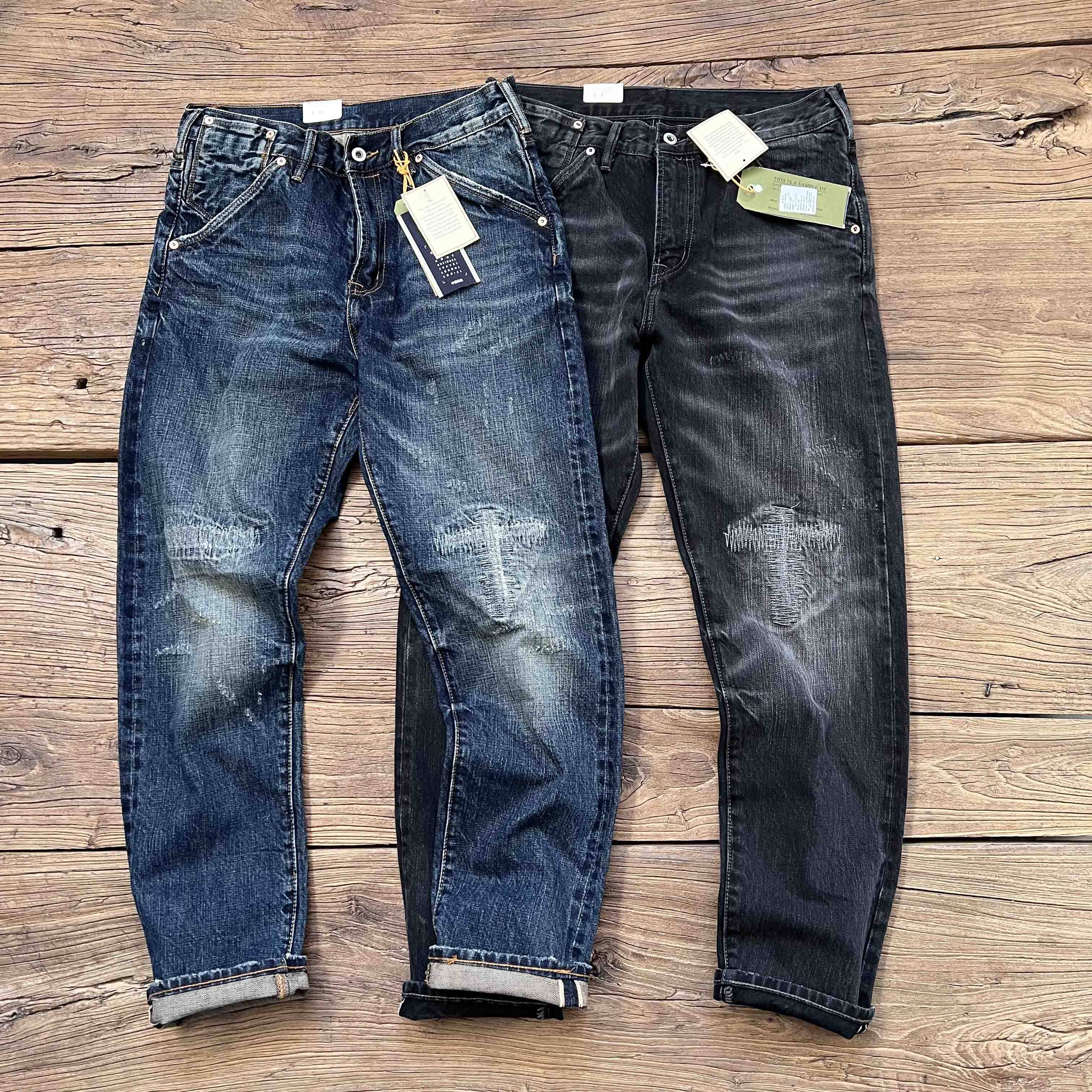 重磅复古做旧赤耳丹宁直筒牛仔裤秋季男士水洗刮烂红布边休闲裤子