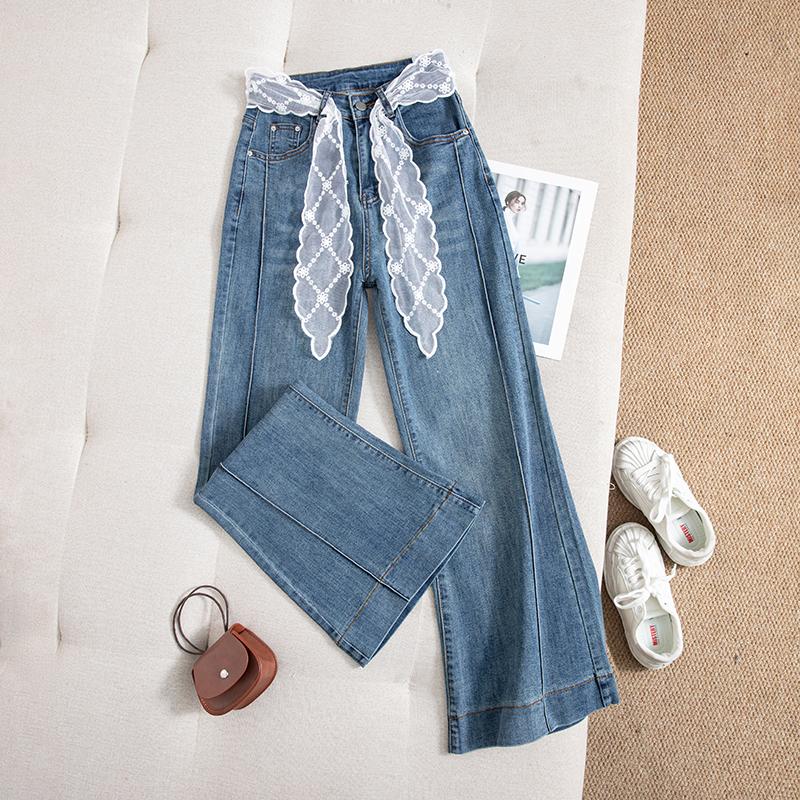 2025新款高腰阔腿微喇裤牛仔裤女新款修身宽松显瘦裤子蓝色不贴腿