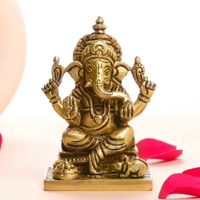 印度手工黄铜Ganesha象头神像（4 英寸）雕像摆件