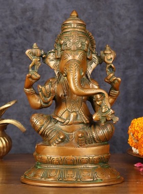 印度手工黄铜Ganesha象头神优雅神像 Murti - 12 英寸 古铜饰面