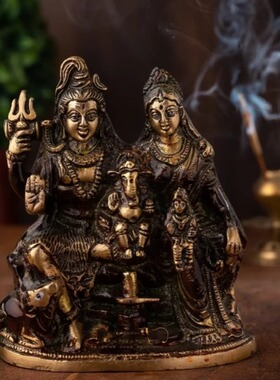 印度国际直邮手工制作黄铜湿婆家族雕像6.5英寸 和谐幸福