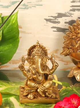 印度国际直邮手工Ganesha 象头神黄铜偶像 5.5 英寸