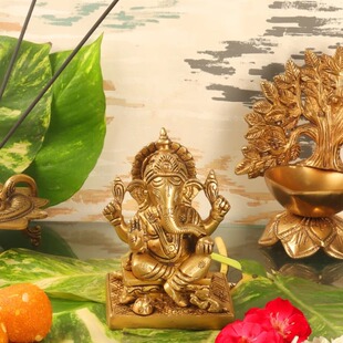 印度国际直邮手工Ganesha 象头神黄铜偶像 5.5 英寸