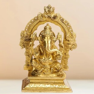 印度国际直邮手工黄铜Ganesha象头神像雕像带框 7 英寸正能量祝福