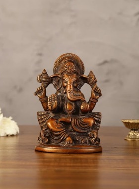 印度国际直邮黄铜手工制作坐在椅子上Ganesha象头神像 5 英寸雕像