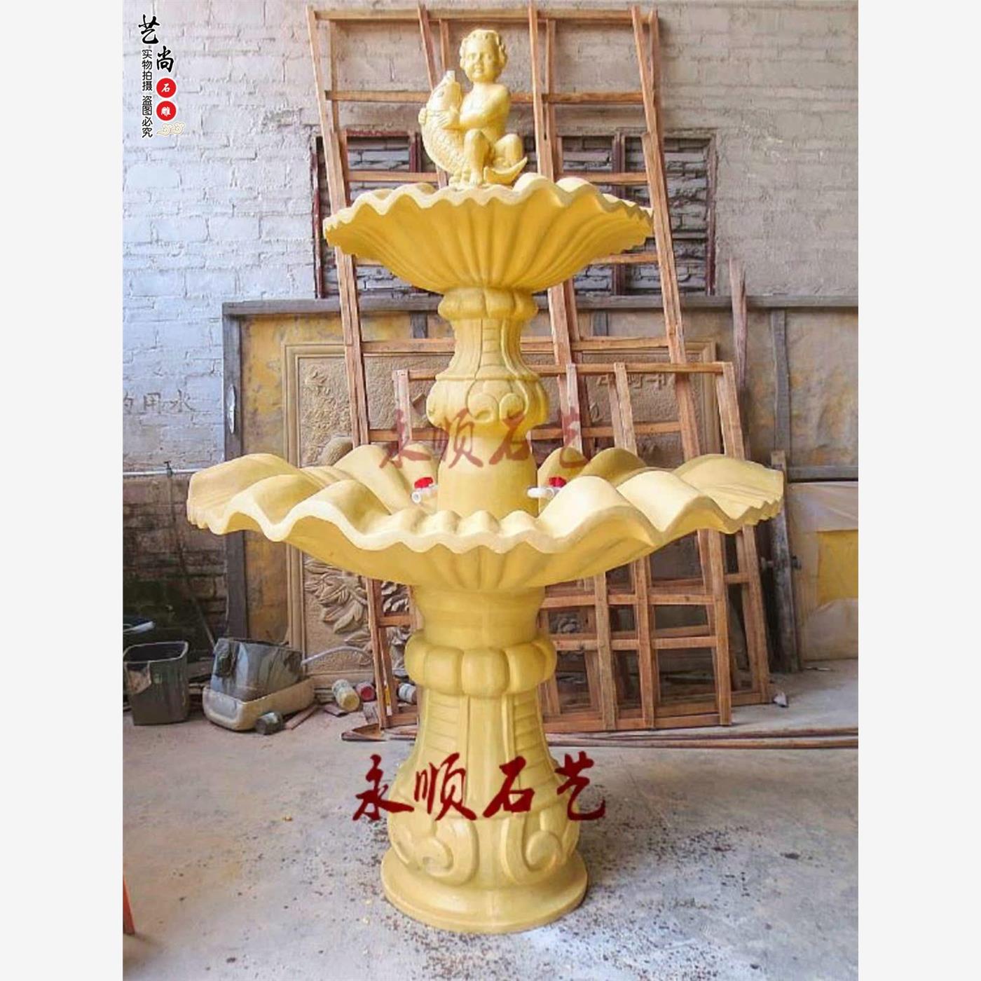 永顺砂岩喷泉沙岩圆雕休闲场所美容院饭店装饰天使抱鱼喷水池