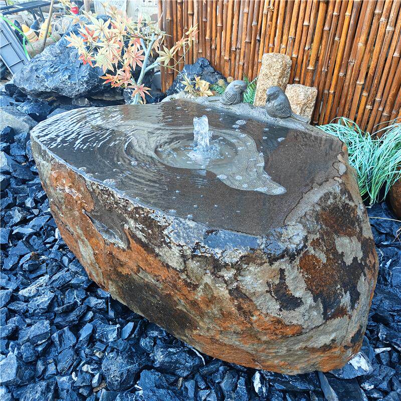 石雕流水景观庭院涌泉石钵造景中国黑石材石皮厂家黑山石水钵天然