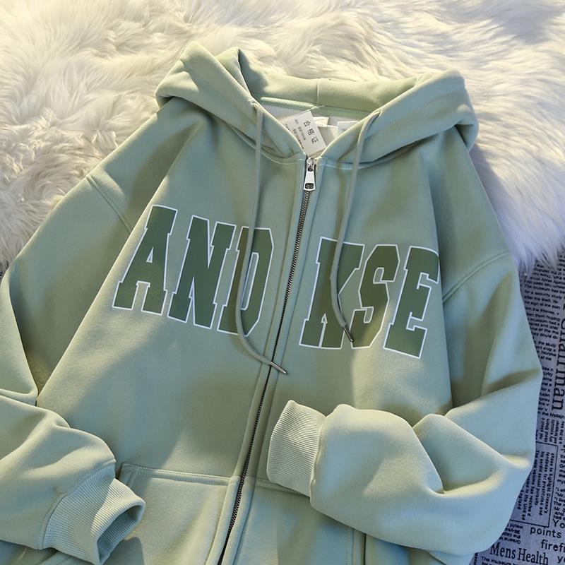 春秋美式休闲连帽卫衣女秋冬2024新款宽松加绒加厚外套开衫慵懒风