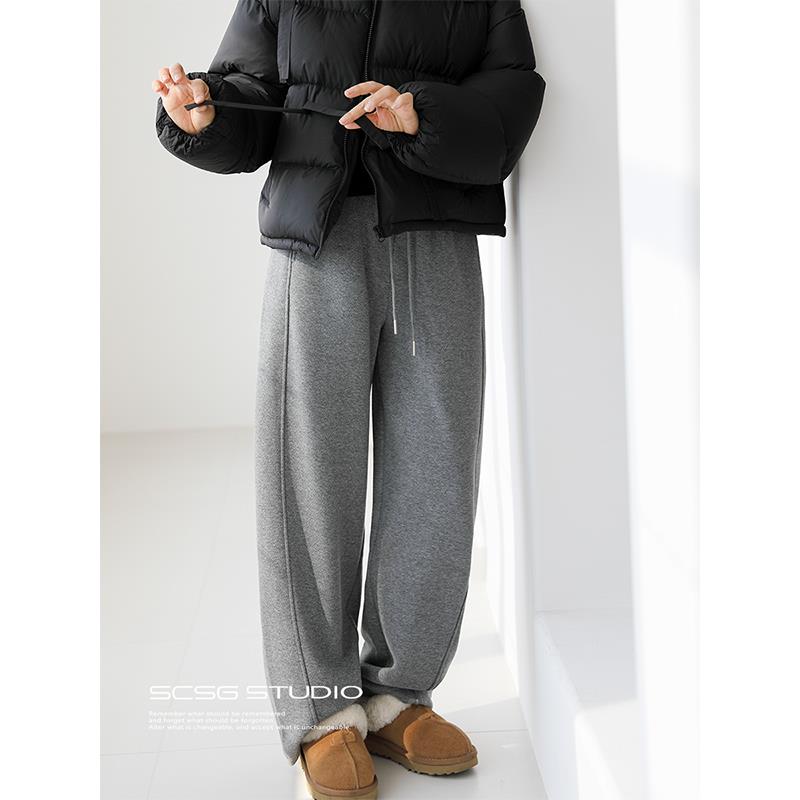 三吋时光4515/覆合暖绒一条过冬香蕉裤 人字纹拖地裤阔腿裤女秋冬