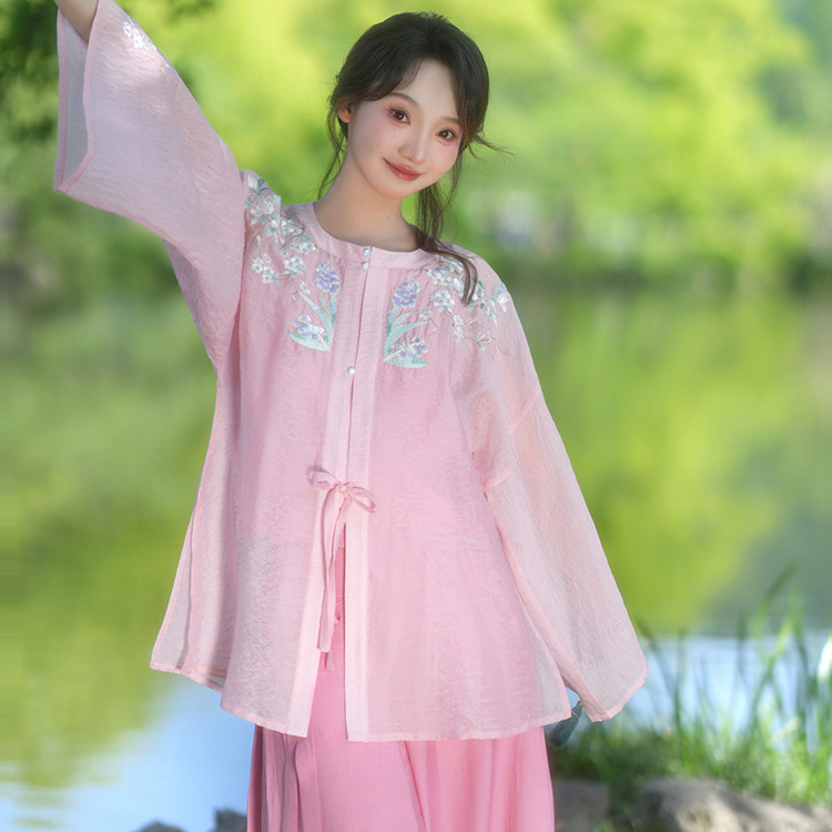 无衣饮羽【风信子】绣花提花天丝圆领衫阔裤套装明制女2025新款