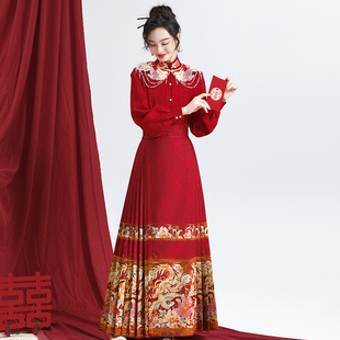 秋冬绣花提花婚服订婚敬酒服马面红色2025新款 无衣饮羽 凤凰