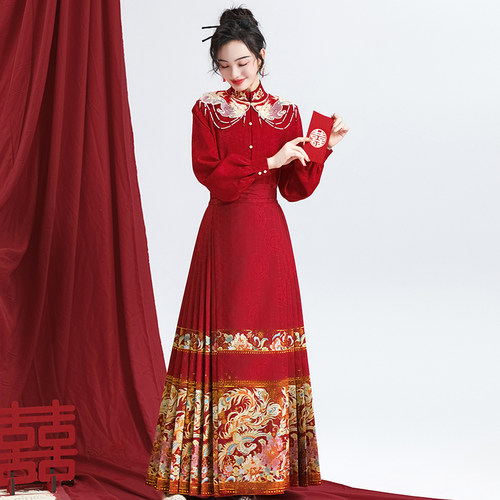 无衣饮羽【凤凰】秋冬绣花提花婚服订婚敬酒服马面红色2025新款