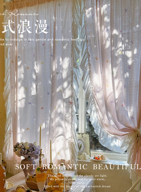 韩式法式浪漫粉色格子蝴蝶结窗帘