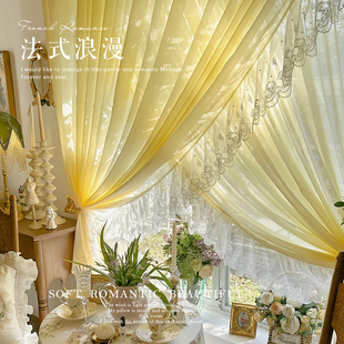 法式 浪漫公主风蕾丝交叉双层纱帘女孩房卧室窗帘隔断半帘拱形门帘