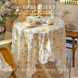 韩式田园奶油风小雏菊刺绣长方形桌布茶几餐桌布甜品台布盖巾搭布