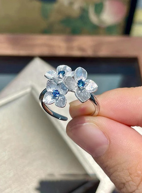 s925纯银拉丝蓝色锆石花朵戒指女