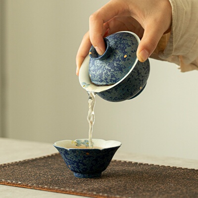 手绘蓝蝶洒金釉下彩盖碗功夫茶具