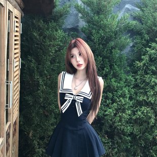 学院连衣裙女夏季 Mejiu蜜九水手甜韵甜美收腰无袖 设计感裙子
