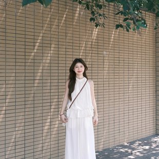 长裤 甜美奶乖套装 穿搭休闲阔腿裤 荷叶边白色无袖 两件套 背心女夏季