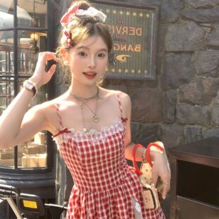 Acaine中长款 甜美小个子裙子 红色格子吊带a字连衣裙女夏季 法式