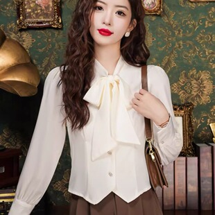 雪纺衬衫 别致上衣漂亮洋气小衫 女士春季 春装 2026年新款 蝴蝶结长袖