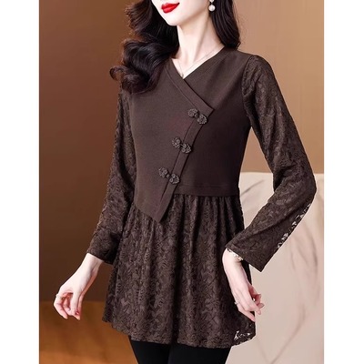假两件蕾丝打底衫女春装中长款