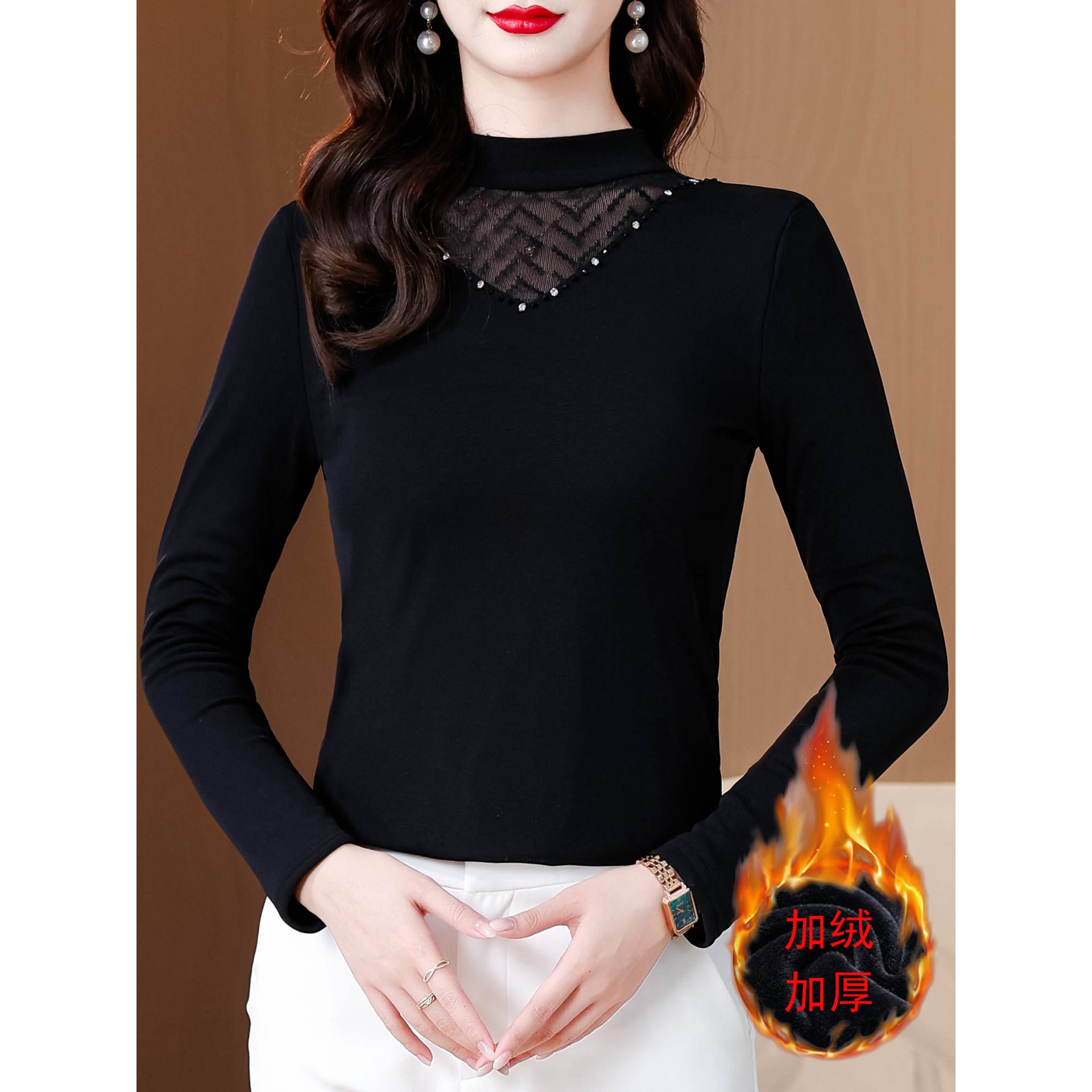 薄款网纱打底衫女半高领蕾丝内搭遮肉大码显瘦立领上衣洋气妈妈装